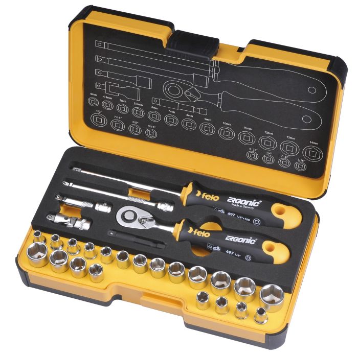 Felo Набор головок с трещоткой и отверткой 1/4" ERGONIC в кейсе, 27 шт 05782706