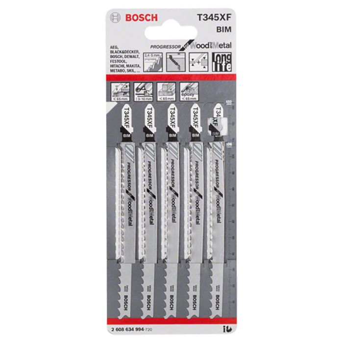 Набор пилок для лобзика универсальные Bosch T345XF 132мм 5шт (994)