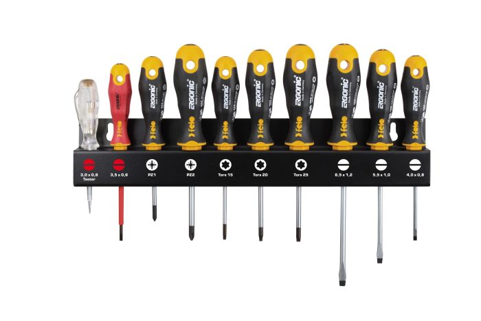 Felo Набор отверток SL/PZ/Tx Ergonic, отвертка VDE и отвертка тестер-сети на стальной стойке, 10 шт