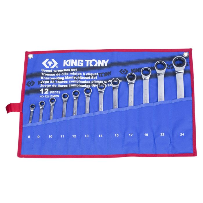 Набор комбинированных трещоточных ключей KINGTONY 8-24 мм, чехол из теторона, 12 предметов