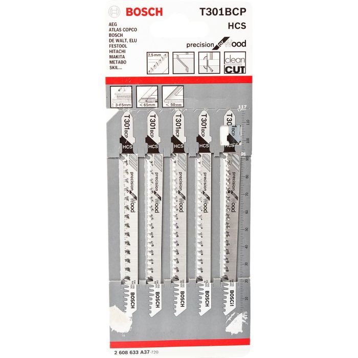 Набор пилок для лобзика по дереву Bosch T301BCP 117мм 5шт (A37)