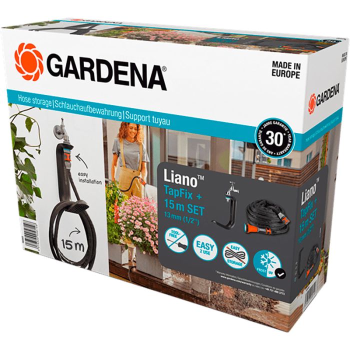 Шланг Gardena Liano 1/2" 15м + комплект для полива + держатель TapFix