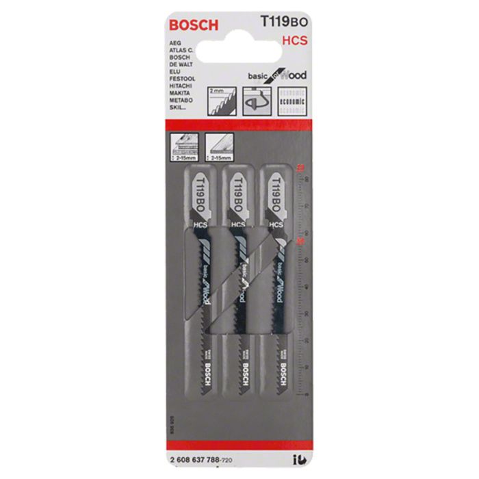 Набор пилок для лобзика по дереву Bosch T119BO HCS 83мм 3шт (788)